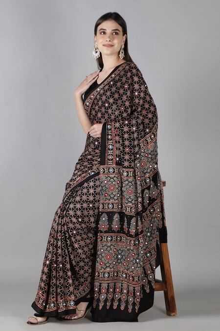 Buy_Sheeshakari_Black Silk Sequins, Embroidery Printed Saree With Blouse _Online_at_Aza_Fashions