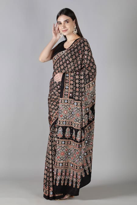 Sheeshakari_Black Silk Sequins, Embroidery Printed Saree With Blouse _at_Aza_Fashions