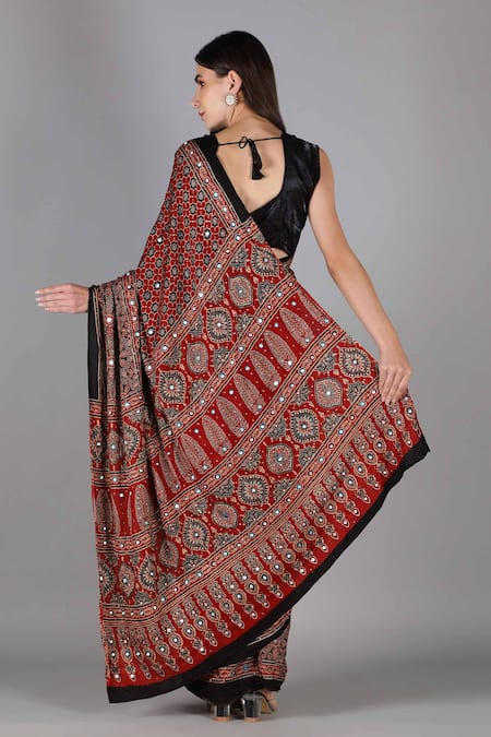 Sheeshakari Red Printed Silk Saree with Blouse 