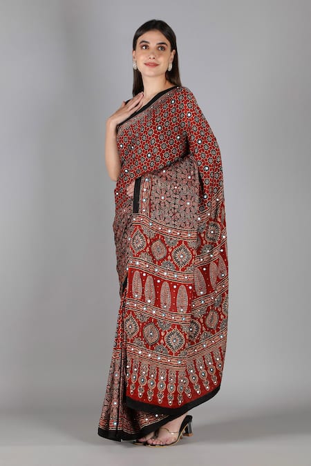 Sheeshakari_Red Silk Sequins, Mirrors Printed Saree With Blouse _at_Aza_Fashions