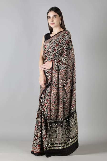 Buy_Sheeshakari_Black Silk Sequins, Embroidery Printed Saree With Blouse _Online_at_Aza_Fashions