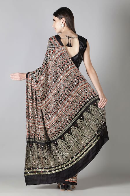 Sheeshakari Black Printed Silk Saree with Blouse 