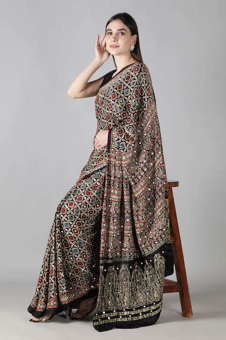 Sheeshakari_Black Silk Sequins, Embroidery Printed Saree With Blouse _at_Aza_Fashions