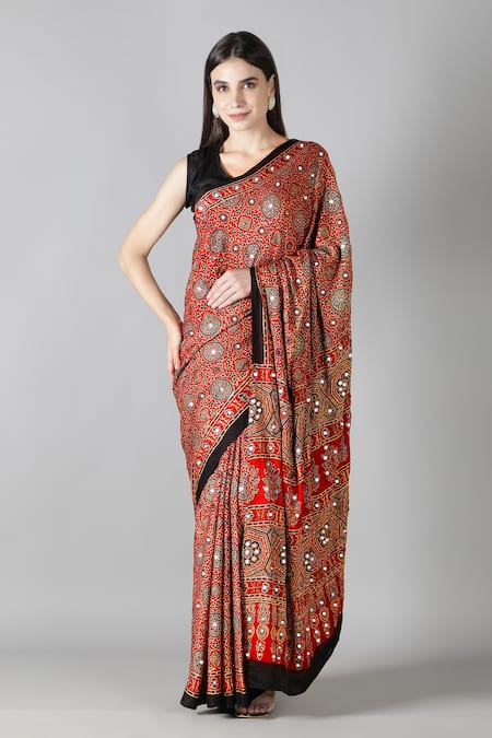 Sheeshakari Red Silk Mirrors, Embroidery Printed Saree With Blouse 