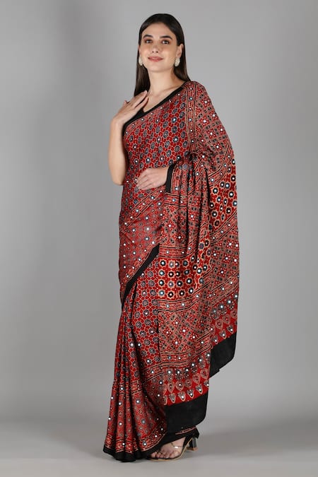 Buy_Sheeshakari_Red Silk Mirrors Black Printed Saree With Blouse _Online_at_Aza_Fashions
