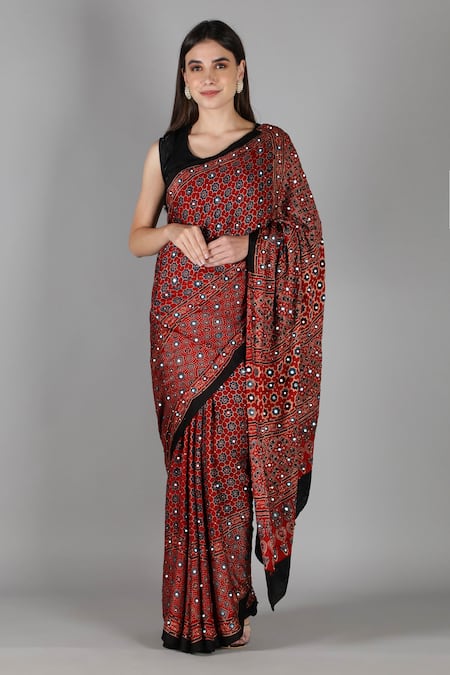 Shop_Sheeshakari_Red Silk Mirrors Black Printed Saree With Blouse _Online_at_Aza_Fashions