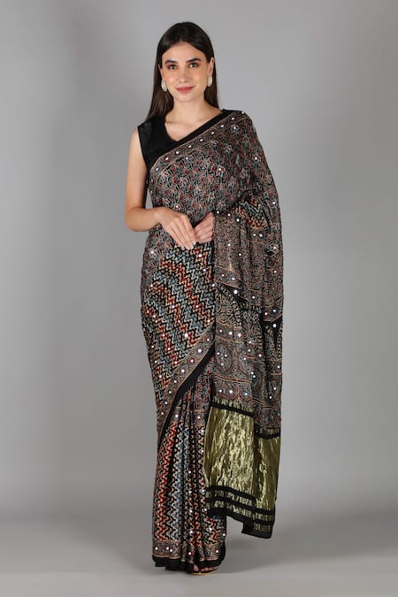 Sheeshakari Black Silk Mirrors Printed Saree With Blouse 