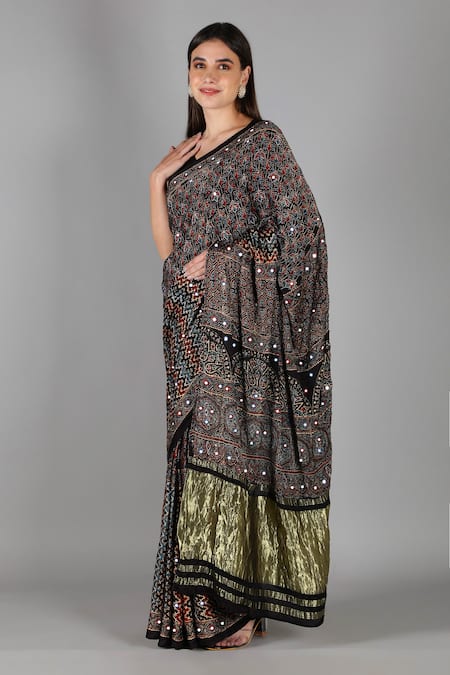 Buy_Sheeshakari_Black Silk Sequins, Embroidery Printed Designer Saree _Online_at_Aza_Fashions
