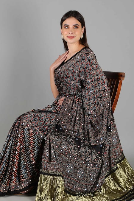 Shop_Sheeshakari_Black Silk Sequins, Embroidery Printed Designer Saree _Online_at_Aza_Fashions