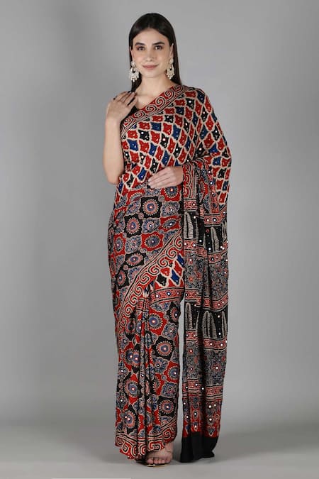 Shop_Sheeshakari_Red Silk Printed Saree With Blouse _Online_at_Aza_Fashions