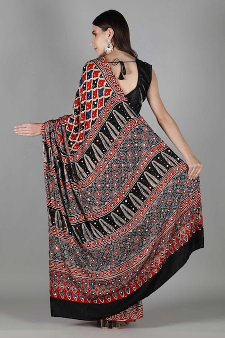 Sheeshakari Red Printed Silk Saree with Blouse 