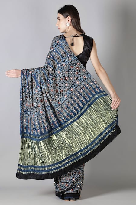 Sheeshakari Blue Printed Silk Saree with Blouse 