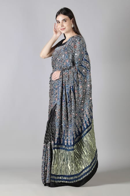 Sheeshakari_Blue Silk Sequins, Embroidery Printed Saree With Blouse _Online_at_Aza_Fashions