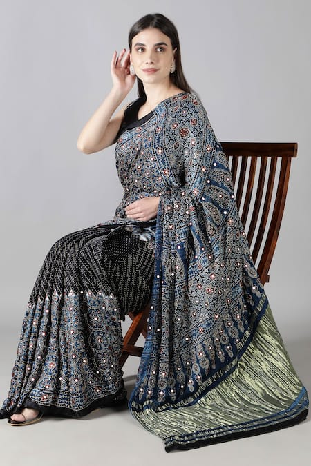 Sheeshakari_Blue Silk Sequins, Embroidery Printed Saree With Blouse _at_Aza_Fashions
