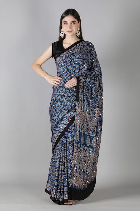 Sheeshakari Blue Silk Embroidery Printed Designer Saree With Blouse 