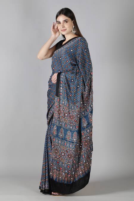 Shop_Sheeshakari_Blue Silk Printed Saree With Blouse _Online_at_Aza_Fashions