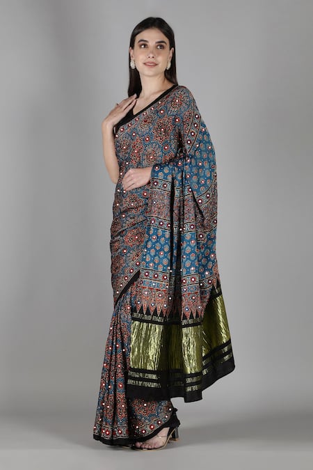 Shop_Sheeshakari_Blue Silk Sequins, Embroidery Printed Saree With Blouse _Online_at_Aza_Fashions