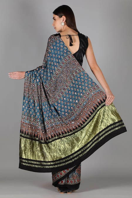 Sheeshakari Blue Printed Silk Saree with Blouse 