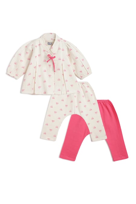 Buy_Tiber Taber_White Cotton Bows Print Flexi Kimono Set _Online_at_Aza_Fashions