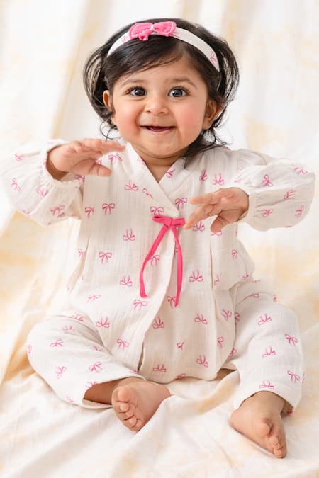 Tiber Taber White Cotton Bows Print Flexi Kimono Set 