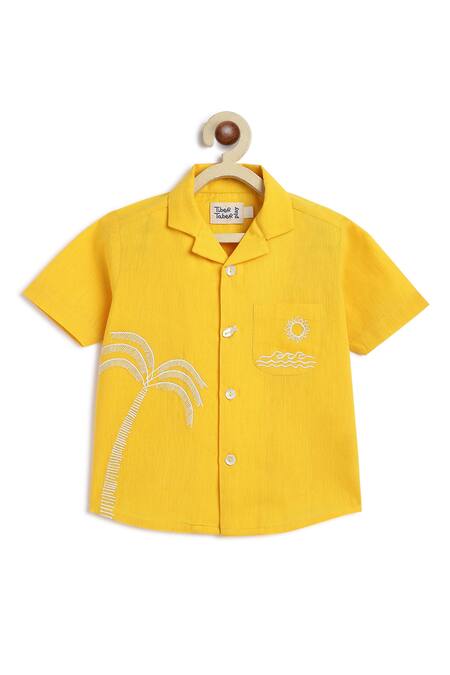 Tiber Taber Yellow Cotton Embroidery Coconut Tree Shirt Online at Aza Fashions Tiber Taber_Yellow Cotton Embroidery Coconut Tree Shirt _Online_at_Aza_Fashions