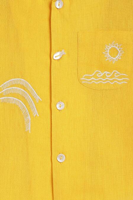 Tiber Taber Yellow Cotton Embroidery Coconut Tree Shirt at Aza Fashions Tiber Taber_Yellow Cotton Embroidery Coconut Tree Shirt _at_Aza_Fashions