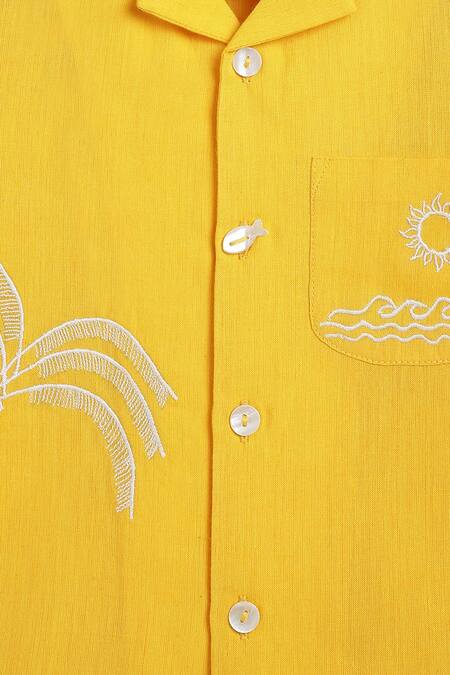 Buy Tiber Taber Yellow Cotton Embroidery Coconut Tree Shirt Buy_Tiber Taber_Yellow Cotton Embroidery Coconut Tree Shirt