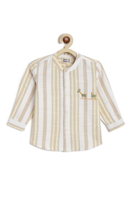 Shop_Tiber Taber_Beige Cotton Embroidery Giraffe Striped Shirt And Shorts Set _Online_at_Aza_Fashions