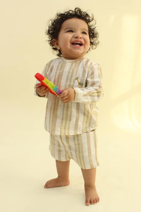 Tiber Taber Beige Cotton Embroidery Giraffe Striped Shirt And Shorts Set 