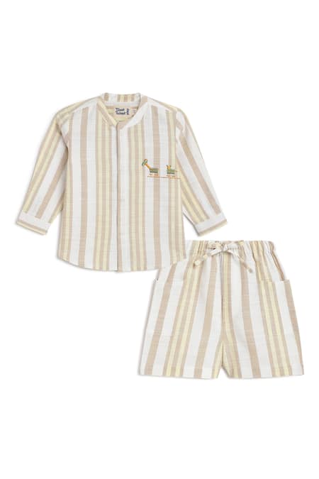 Tiber Taber Giraffe Embroidery Striped Shirt & Shorts Set 