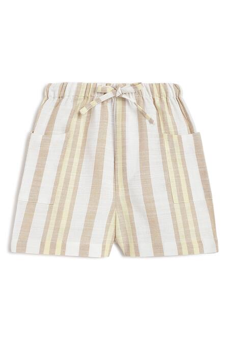 Shop_Tiber Taber_Beige Cotton Embroidery Giraffe Striped Shirt And Shorts Set 