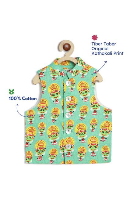 Buy Tiber Taber Green Cotton Kathakali Print Boys Bundi Jacket Online at Aza Fashions Buy_Tiber Taber_Green Cotton Kathakali Print Boys Bundi Jacket _Online_at_Aza_Fashions