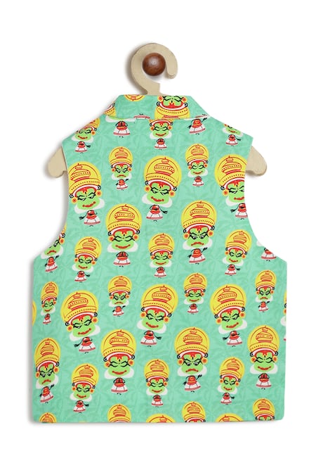 Shop Tiber Taber Green Cotton Kathakali Print Boys Bundi Jacket at Aza Fashions Shop_Tiber Taber_Green Cotton Kathakali Print Boys Bundi Jacket _at_Aza_Fashions