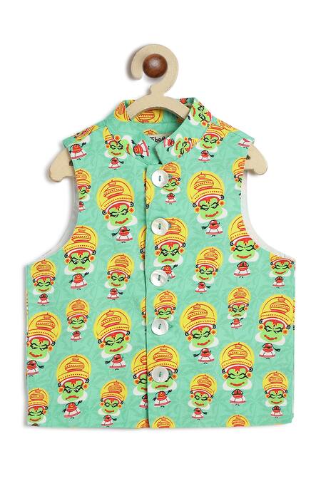 Shop Tiber Taber Green Cotton Kathakali Print Boys Bundi Jacket Online at Aza Fashions Shop_Tiber Taber_Green Cotton Kathakali Print Boys Bundi Jacket _Online_at_Aza_Fashions