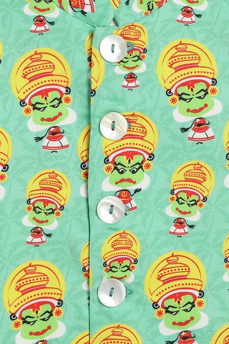 Tiber Taber Green Cotton Kathakali Print Boys Bundi Jacket at Aza Fashions Tiber Taber_Green Cotton Kathakali Print Boys Bundi Jacket _at_Aza_Fashions