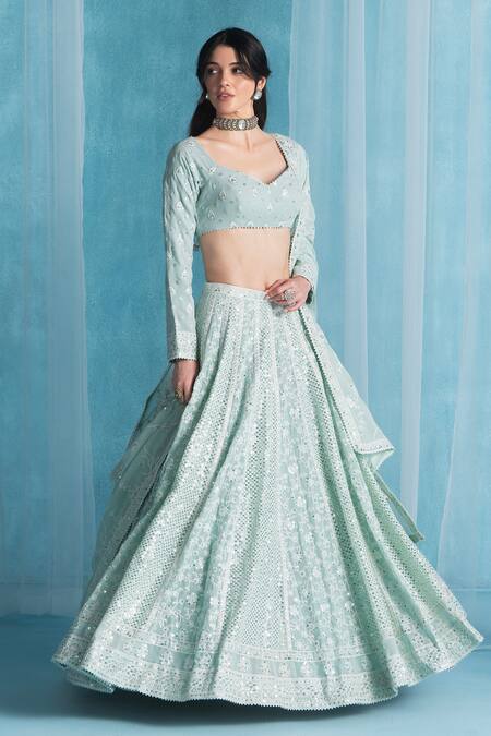Buy_Lashkaraa_Green Georgette Sequins, Embroidery V-neck Soft Classic Lehenga Set_Online_at_Aza_Fashions