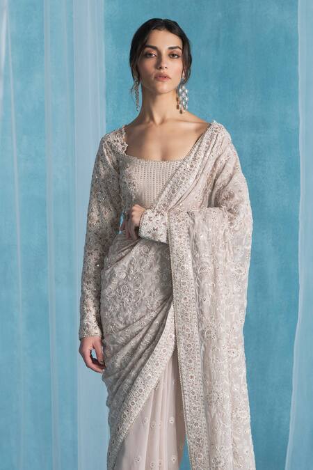 Lashkaraa_Beige Georgette Embroidery Square Neck Designer Soft Classic Saree Set_Online_at_Aza_Fashions
