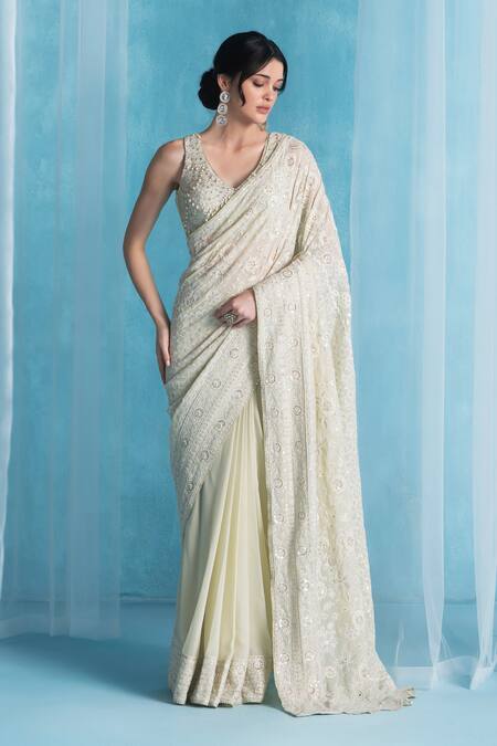 Buy_Lashkaraa_Green Georgette Sequins, Embroidery V-neck Soft Designer Saree Set _Online_at_Aza_Fashions