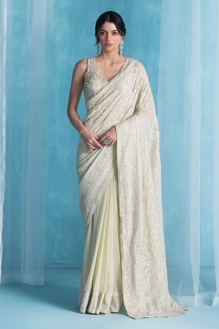 LASHKARAA Green Georgette Sequins, Embroidery V-neck Soft Designer Saree Set 