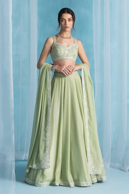 LASHKARAA Green Georgette Embroidery, Lace, Sequins Round Neck Light Classic Lehenga Set 
