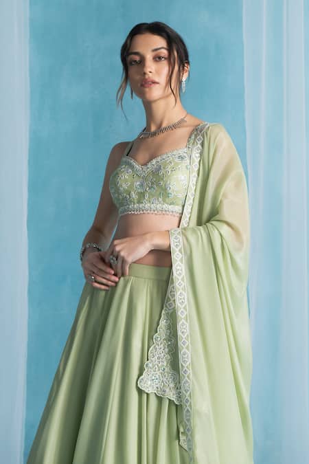Shop Lashkaraa Green Georgette Embroidery, Lace, Sequins Round Neck Light Classic Lehenga Set Online at Aza Fashions Shop_Lashkaraa_Green Georgette Embroidery, Lace, Sequins Round Neck Light Classic Lehenga Set _Online_at_Aza_Fashions