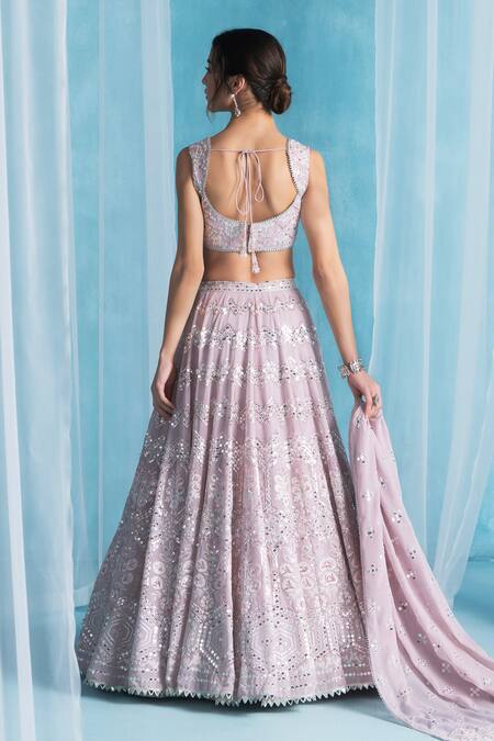 Shop Lashkaraa Pink Georgette Sequins, Embroidery Round Neck Dusty Lehenga Set at Aza Fashions Shop_Lashkaraa_Pink Georgette Sequins, Embroidery Round Neck Dusty Lehenga Set_at_Aza_Fashions