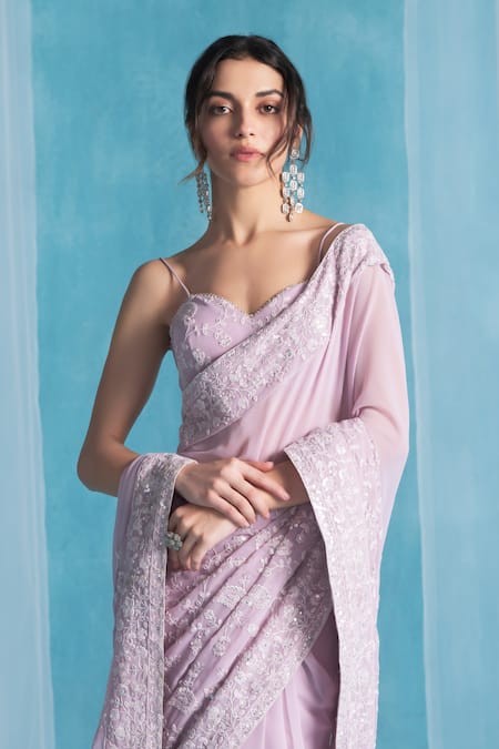 Buy_Lashkaraa_Pink Georgette Embroidery, Sequins, Embellished Pre-draped Saree With Blouse _Online_at_Aza_Fashions