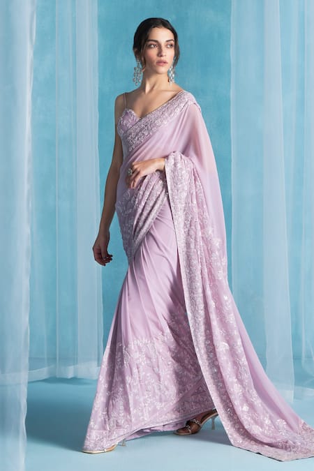 Shop_Lashkaraa_Pink Georgette Embroidery, Sequins, Embellished Pre-draped Saree With Blouse _Online_at_Aza_Fashions
