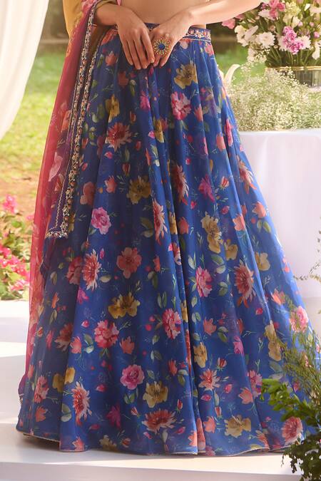 Lashkaraa_Blue Chiffon Embroidery Round Neck Floral Print Lehenga Set_Online_at_Aza_Fashions