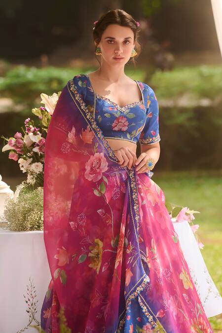 Lashkaraa_Blue Chiffon Embroidery Round Neck Floral Print Lehenga Set_at_Aza_Fashions