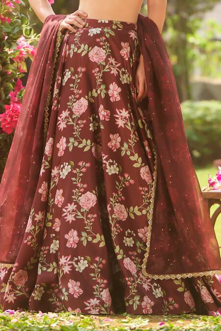 Lashkaraa_Brown Silk Embroidery Round Neck Floral Print Lehenga Set_Online_at_Aza_Fashions