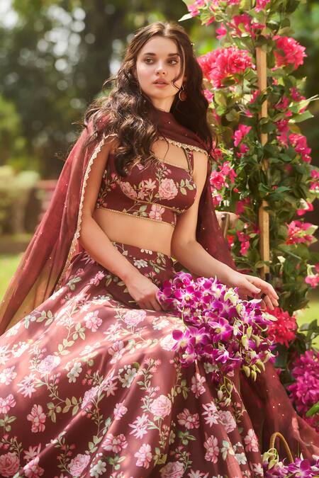 Buy_Lashkaraa_Brown Silk Embroidery Round Neck Floral Print Lehenga Set_Online_at_Aza_Fashions