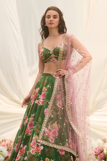 Lashkaraa Green Silk Sequins V-neck Floral Printed Lehenga Set Online at Aza Fashions Lashkaraa_Green Silk Sequins V-neck Floral Printed Lehenga Set_Online_at_Aza_Fashions