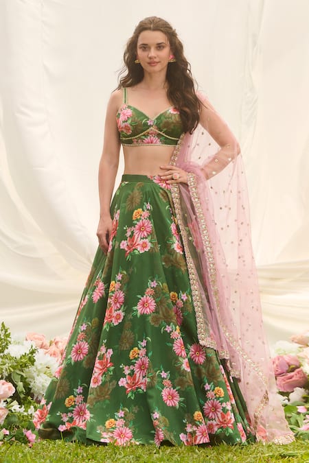 LASHKARAA Green Silk Sequins V-neck Floral Printed Lehenga Set 